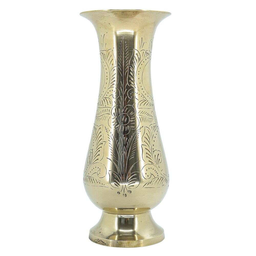 Vintage Brass Vase Etched Engraved Floral 8” Indian Boho Decor Metal Vessel